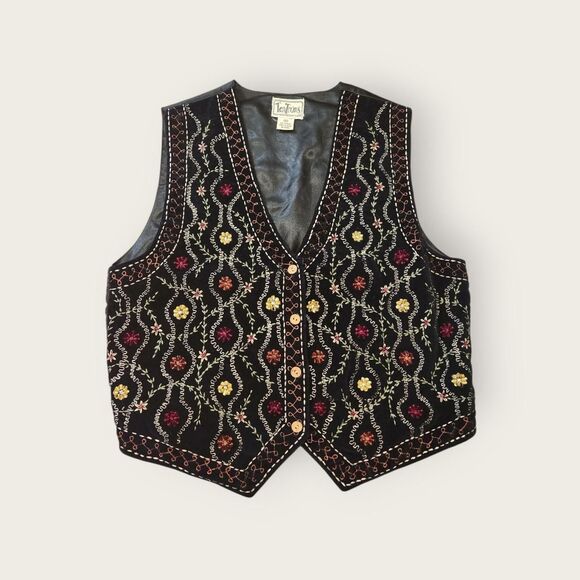 Vintage 90s Tantrums black floral embroidered button up vest - Picture 1 of 4